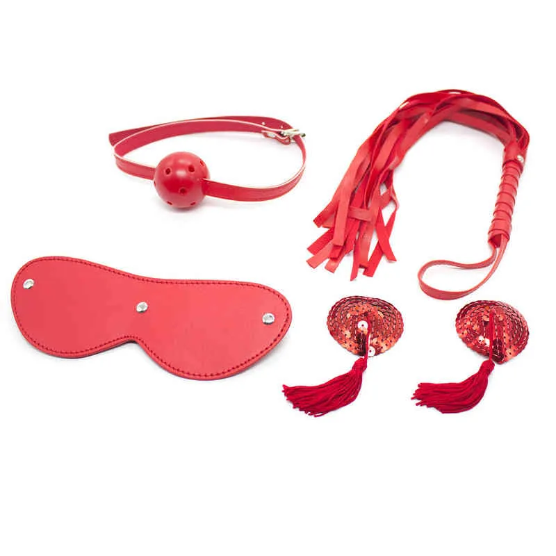 Nxy Sm Bondage Erotic Set Pu Leather Prodotti per giochi per adulti Restraint Nipple Paste Whip Collar Blindfold Sex Toy per donne Uomo Coppie 220423