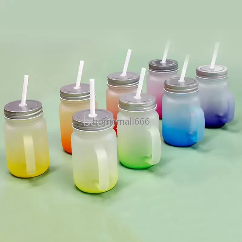 430ml Sublimation Glass Mason Jar with Handle Gradient Glass Tumblers Thermal Transfer Water Bottle Colorful Sublimated Cups AA