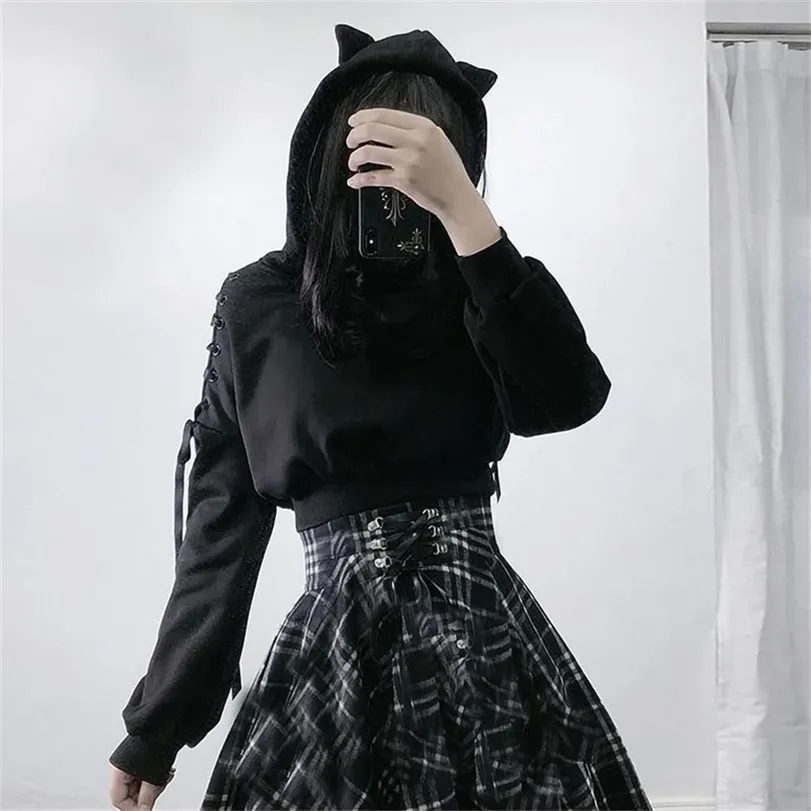 Ladies Long Sleeve Hoodie Kawaii Cat Ears Hoodie Gothic Punk Harajuku Cold Shoulder Bandage Gothic Black Sweatshirt 220812