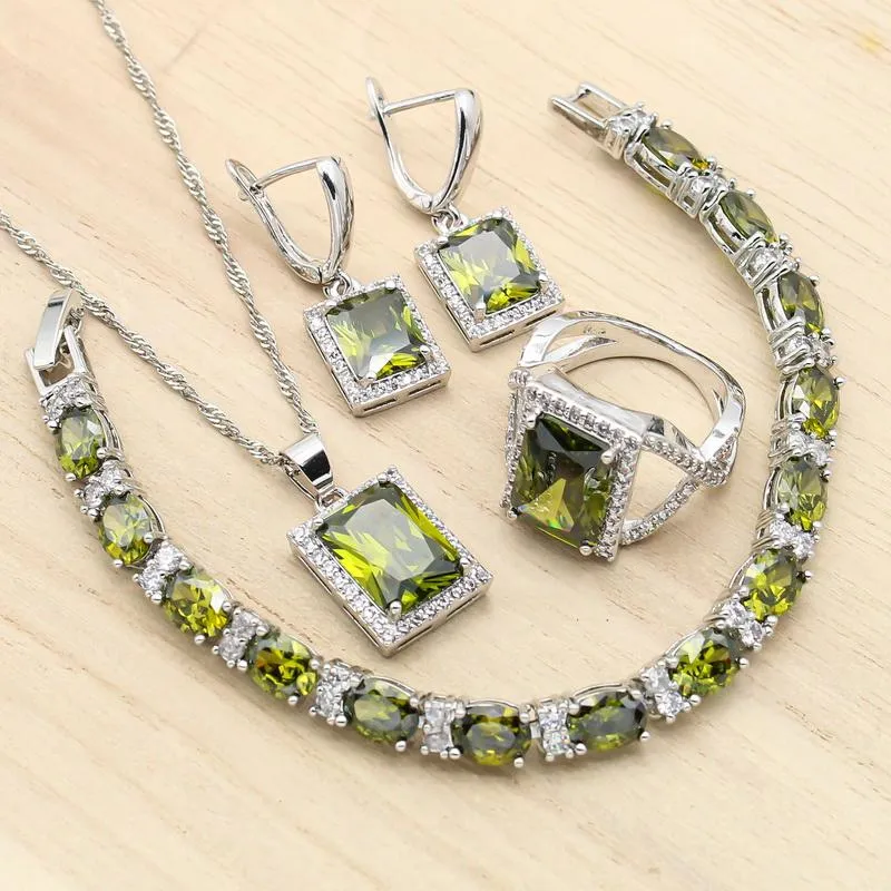 Boucles d'oreilles collier couleur argent ensembles de bijoux pour femmes vert olive topaze pendentif anneau Bracelet anniversaire mariage cadeau de noël boucles d'oreilles