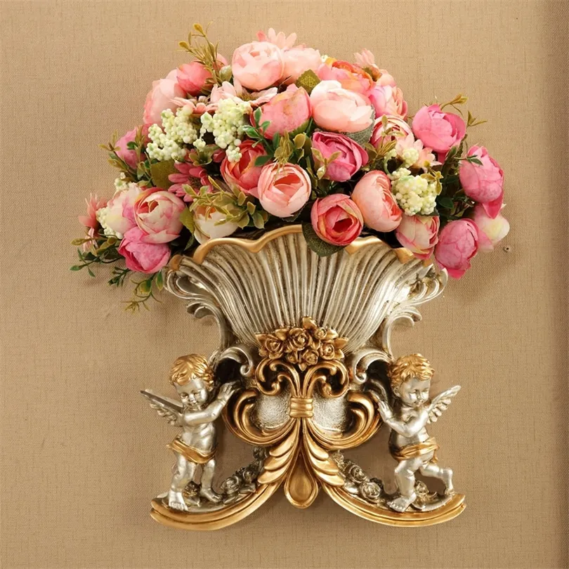 European Resin Angel Wall Vase Ancient Wall Fake Flower Pot Mural Crafts Decoration Home LIvingroom Wall Sticker Basket Ornament T200111