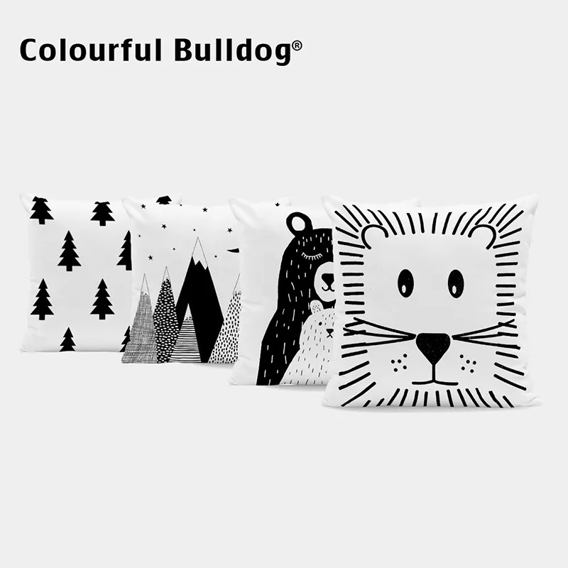 枕ケースカスタム黒と白のクッションカバー漫画動物キッドスローピローハンドペイントライオンの家の装飾幾何学的な山のスーパーソフト220714