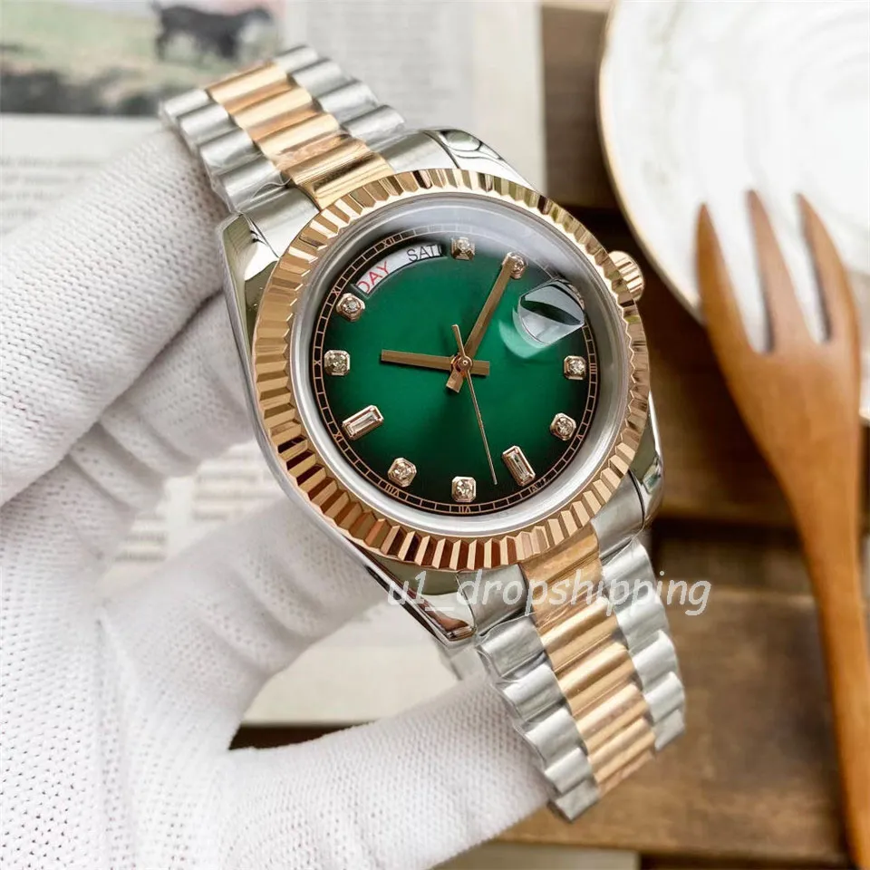 Dropshipping - Mens Automatic Mechanical Watch 41mm Green Dial Watches Sliver/ Rose Gold rostfritt stålarmband med fast rysad ram