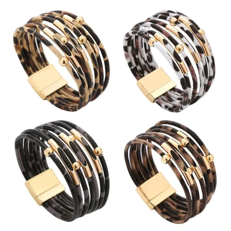 Bracciale Wgoud Braccialetti con polsini in pelle leopardata moda Braccialetti con stampa animale Bracciale magnetico avvolgente multistrato per donne RagazzeBangle