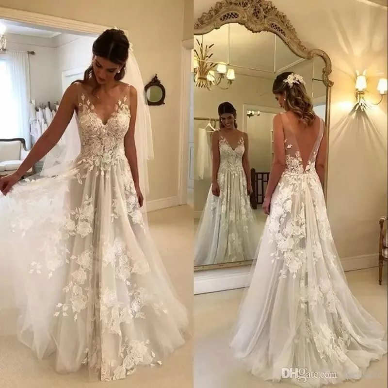 Robes de mariée robes de mariée 2022 col en v été plage Boho belles appliques une ligne dos nu sur mesure robe de soirée