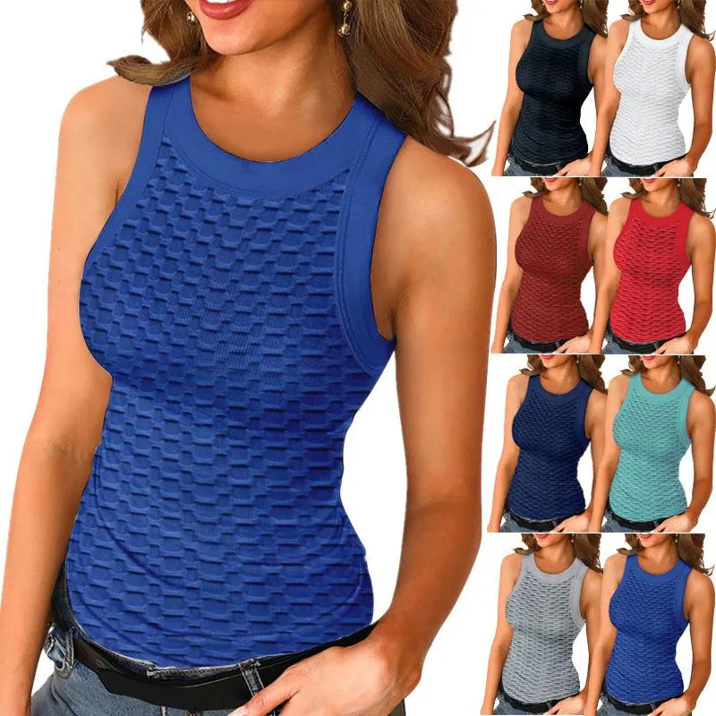 Women's Tanks & Camis Summer Women's Solid Color Tight-fitting Waffle Pattern Vest T-shirt Fashion Casual All-match Top Female & Lad