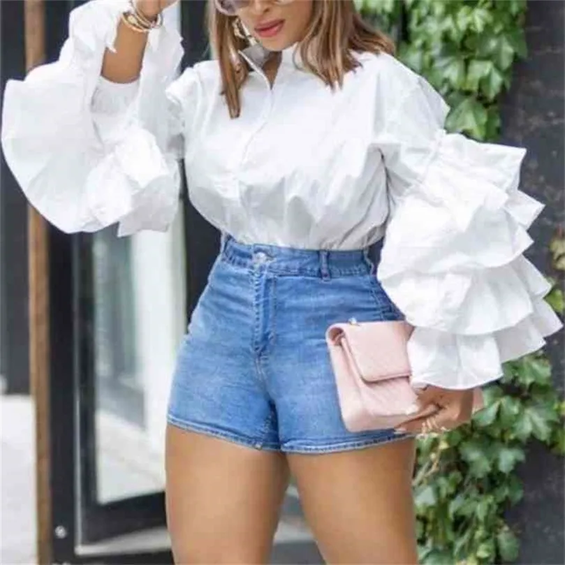 Women White Shirt Blouse Tops Long Ruffles Sleeves Casual Stylish Spring Fashion Elegant Office Ladies Work Wear Pink Black 210416