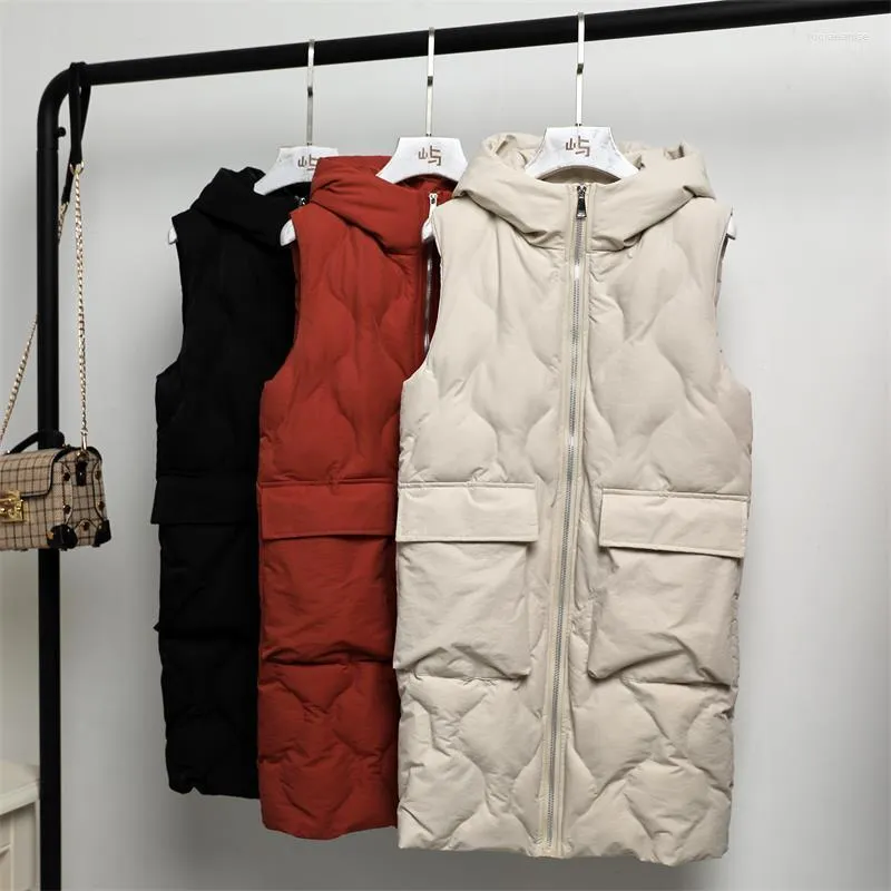 Coletes femininos de casaco de casaco comprido de inverno 2022 Casual espesso quente com capuz com capuzes com algodão acolchoado com salmão de cintura para chalecos para mujer luci22