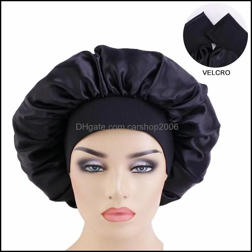 adjustable beanies women large satin wide side night sleep hats pure color round hair care beauty caps