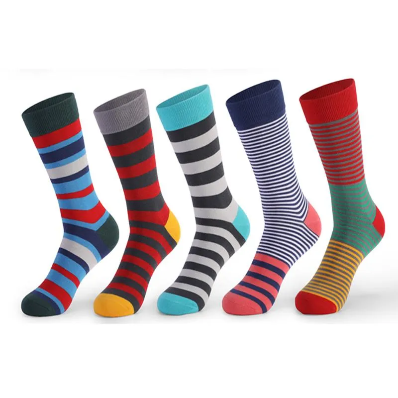 Men's Socks 5 Pairs High Quality Breathable Men Dress Fashion Colorful Funny Stripe Grid Cotton Large Size EU41-48
