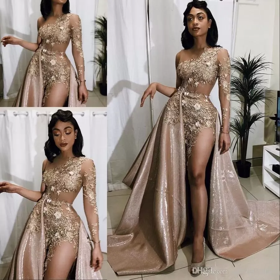 2022 Sexy Arabic Gold Beads Split Side Prom Dresses with Detachable Train One Shoulder Long Sleeve Lace Appliques Evening Dresses PRO232