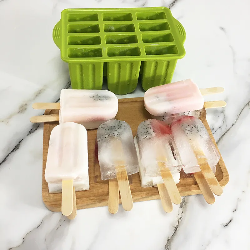 Siliconen pop schimmel bevroren ijs 12Grids mallen maker Freezer Tray Pan Fruit Kit