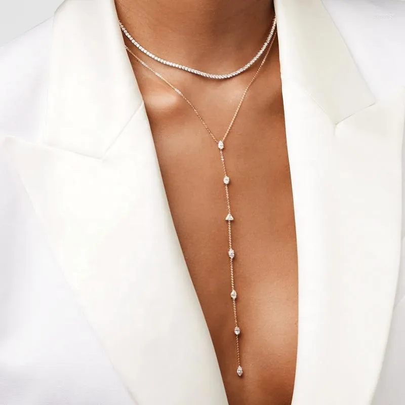 Łańcuchy 100% 925 Srebrny Rose Gold 3 Kolory geometryczne w różnym kształcie małego kamienia CZ seksowne długi naszyjnik lariat dla womenchains elle2