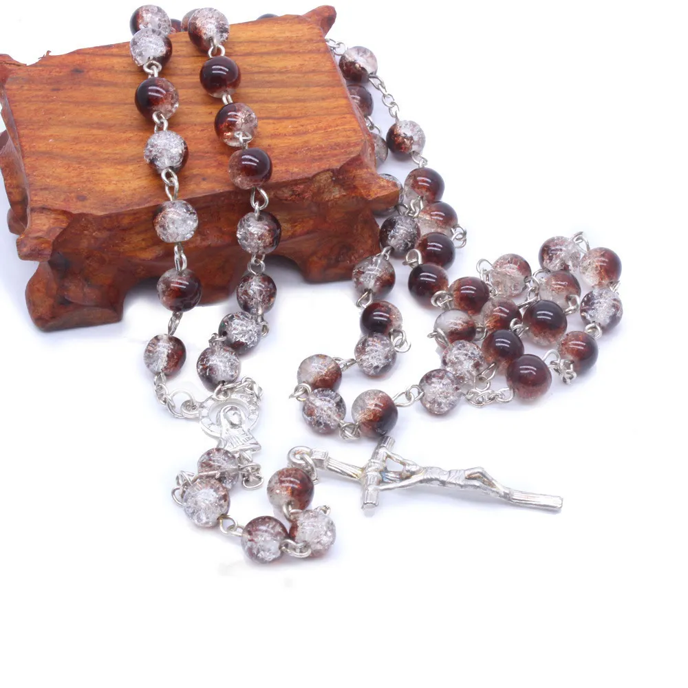 Crushed Stone Round Beads Crucifix Rosary Necklace Prayer Supplies For The Holy Father And Mother Of God Catholic Church