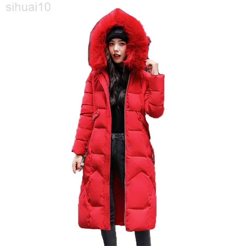 ロングダウンコットンコート女性新しい韓国の気質ウエストフード付き大きな毛皮カラーカーキレッドベージュウォームコートL220730