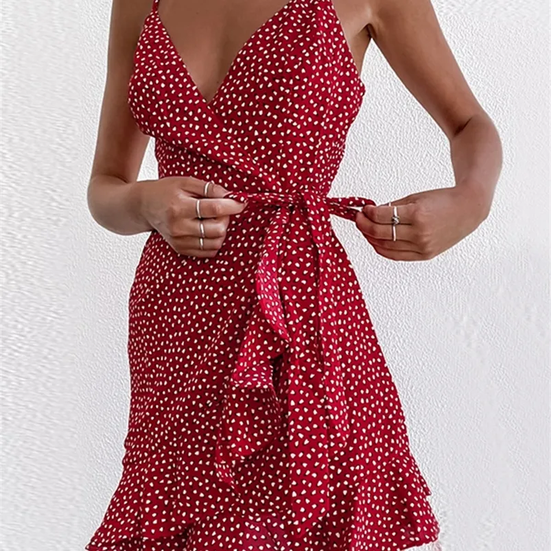 DICLOUD Summer Red Short Wrap Dress For Women Boho Sexy Printed Spaghetti Strap Light Beach Sundress Party Female Clothing 220507