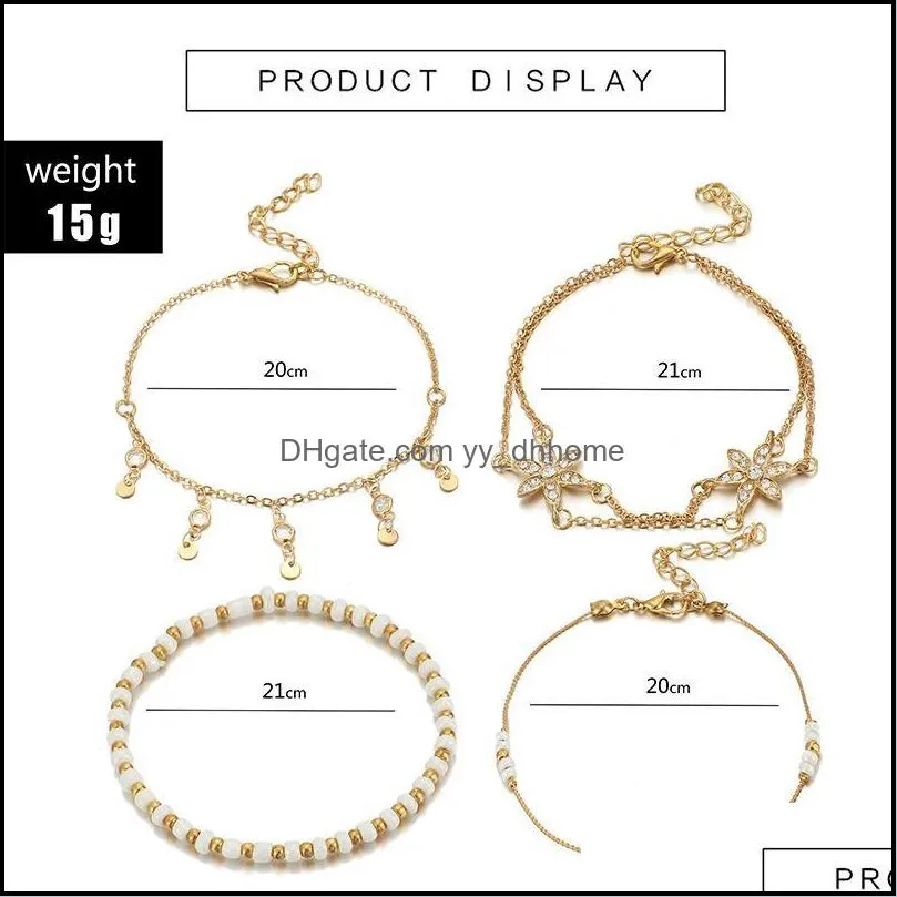 4 Pcs Snow Anklet Bracelets Set for Women Fashion Girls Layered Anklet Bracelets with Tassel Pendant Gold Boho Ankle Necklace Chain