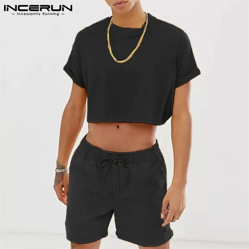 Conjuntos para hombres de moda Streetwear Color sólido Manga corta Crop Tops Pantalones cortos con cordón Hombres Trajes casuales Dos piezas INCERUN S5XL 220602