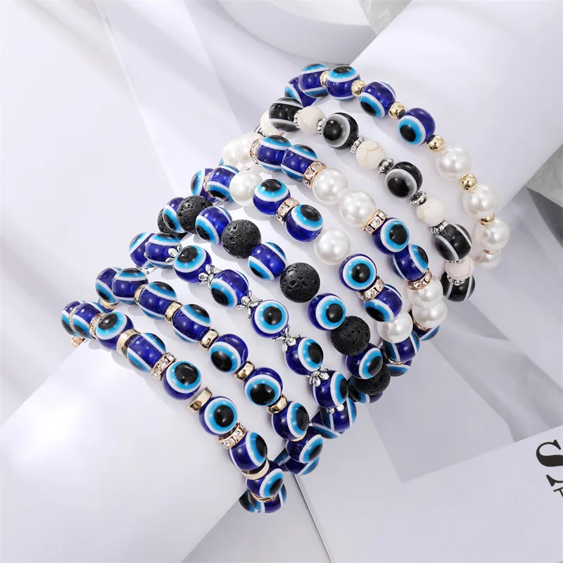 Turco Lucky Evil Eye Bracciali Fili Bangle Perle d'imitazione Occhi azzurri Braccialetto di fascino con perline per donna Uomo Coppia Moda Gioielli gotici fatti a mano Regali