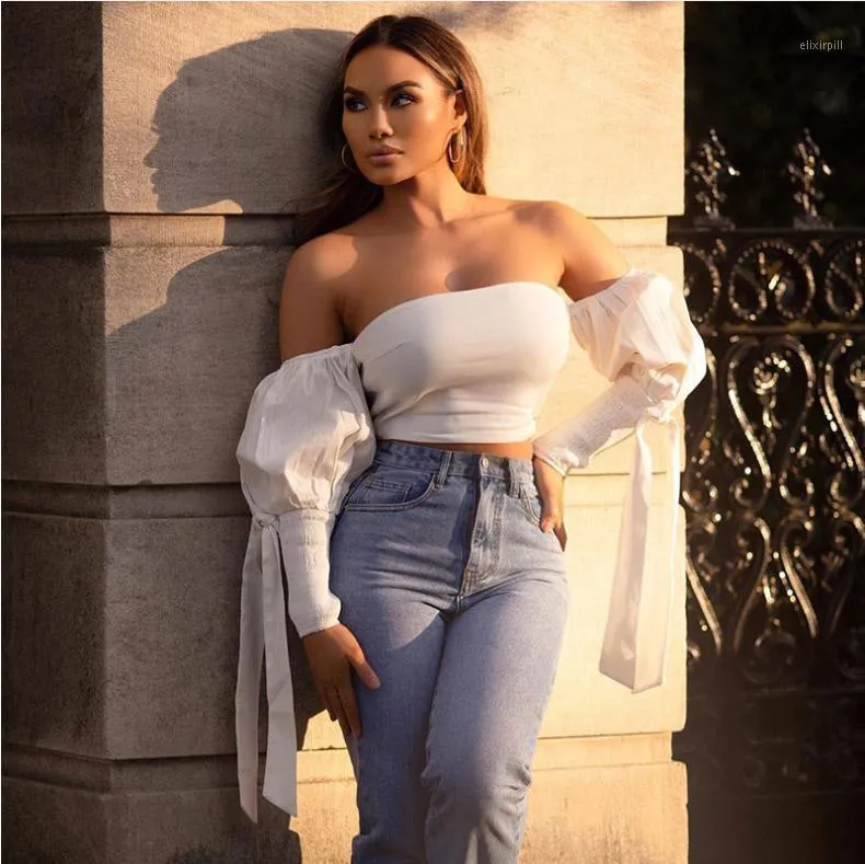 Women Strapless Wrap Chest Tops One-line Neck Lantern Sleeves Wrapped Short Blouse Top Summer Fashion Shirt Women's Blouses & Shirts