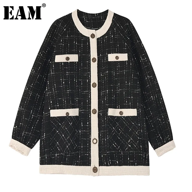 EAM Loose Fit Negro Tweed Split Chaqueta de gran tamaño Cuello redondo Manga larga Mujeres Abrigo Moda Primavera Otoño 1Z557 201029