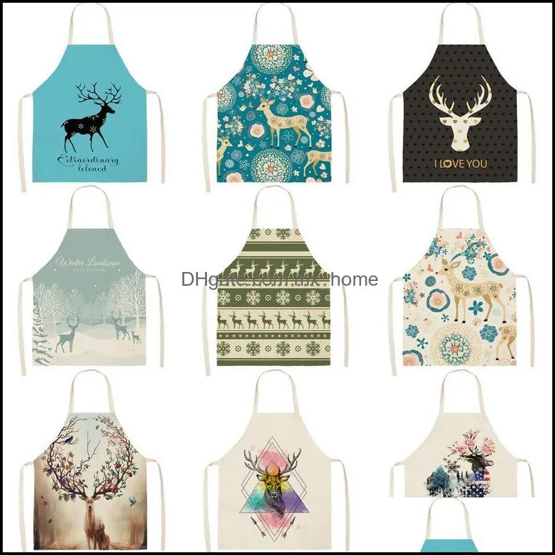 Aprons Home Textiles Garden Christmas Elk Printed Pattern Kitchen Polyester For Women Cooking Cleaning Baking Waist Bibs Pinafore 68X55Cm