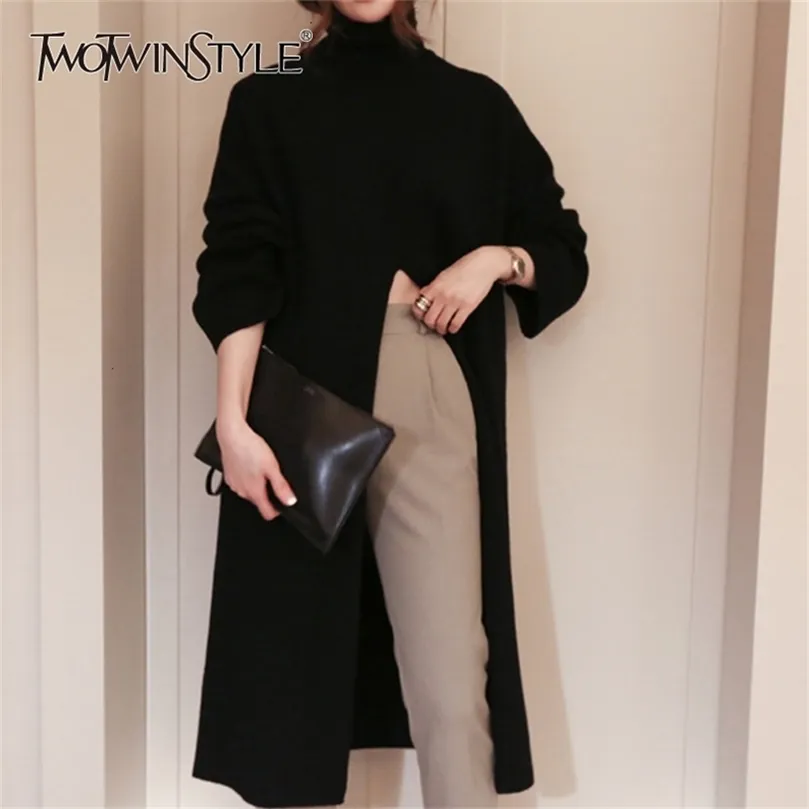 Twotwinstyle Split Black Sweater Women Long Sleeve Turtleneck Sticked Pullover Topps Female Clothes Korean Winter 201224