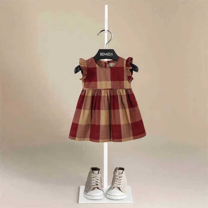 2021 Girls Dress Summer Europe och America Toddler Kids Kort ärm Plaid tryckt bomullskläder Princessklänningar G220506