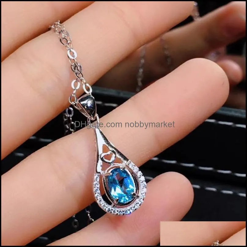 Bracelet, Earrings & Necklace Natural Blue Topaz Ring Pendant Gemstone Jewelry Set S925 Silver Fashion Water Drop Women Party Gift