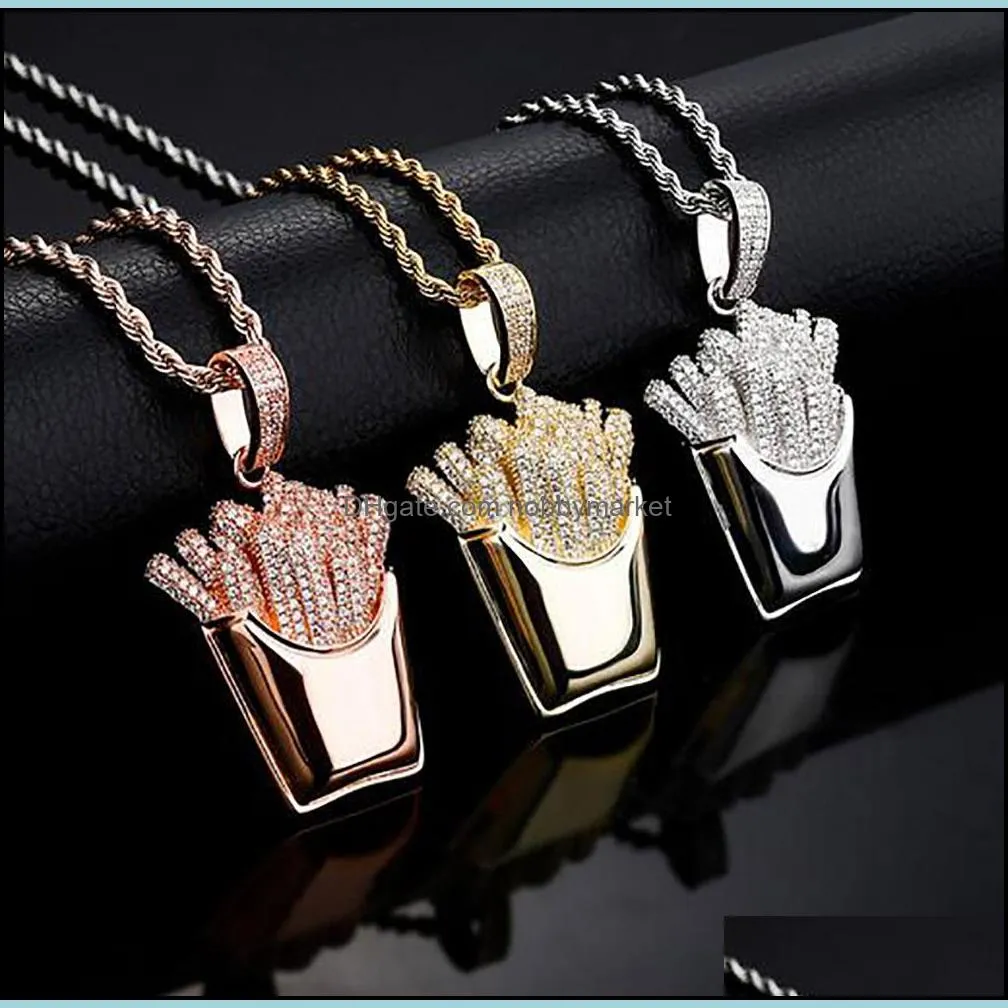 Iced Out Chips Pendant Necklace with 24inch Rope Chain 14K Gold Plated Copper Cubic Zirconia Gold Silver Rosegold Color