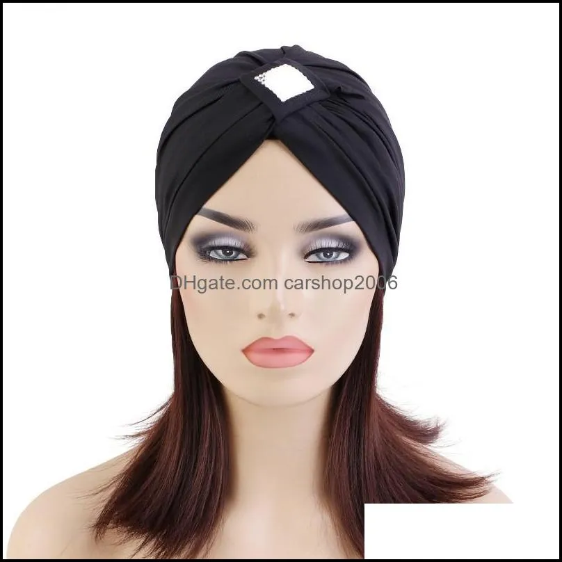 elegant women`s hot drilling cross turban hats muslim stretch plain beanies knotted inner cap africa female headwear bonnet