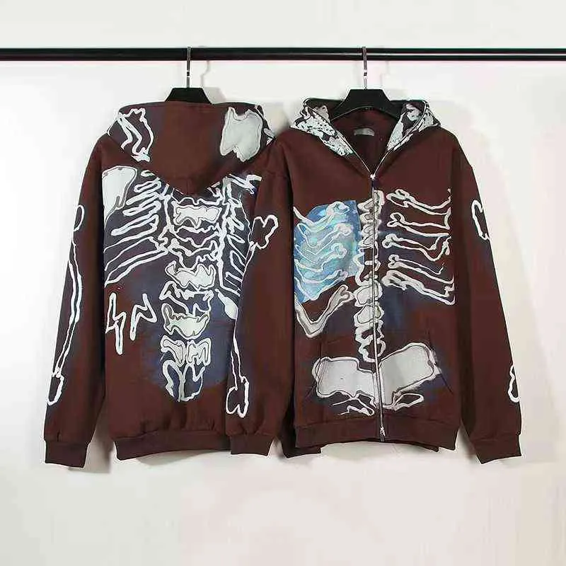 2021 Winter Skeleton Print Fleece Braun Zip Up Hoodie Männer Hip Hop Pullover Baumwolle Punk Zipper Mit Kapuze Sweatshirt Sudaderas hombre G220607