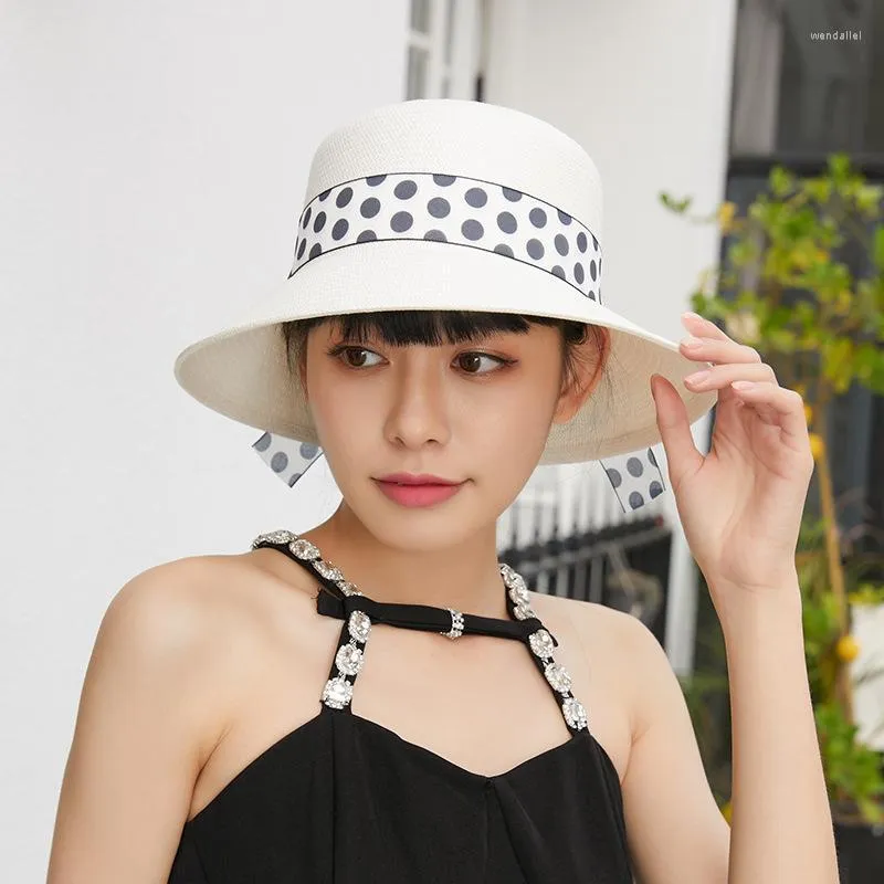 Cappelli a tesa larga in paglia da sole per donna Elegante berretto Panama con nastro a pois Floppy Summer Outdoor Travel Cappello a secchiello Stile giapponeseWide WideWide Wend2