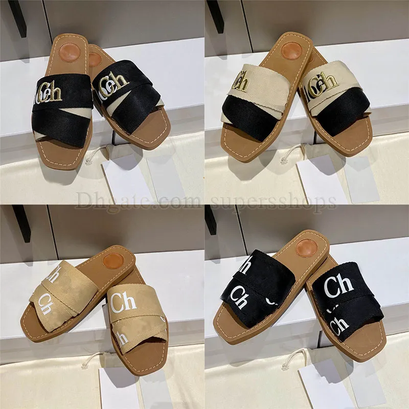 Berömda ch designer glider tofflor sommar tränare sandaler kvinnor platt mules woody strandskor svart vit rosa ljusblå beige dhgate hem flip flops plattform cc sandel