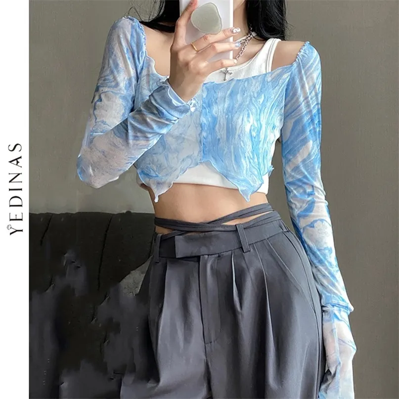 Yedinas Tie Dye Mesh Top Regurial Blue See Stelo Long Sleeve Crop Summer Thin Thin TシャツセクシーなスリムクラブウェアY2K Egirl220516