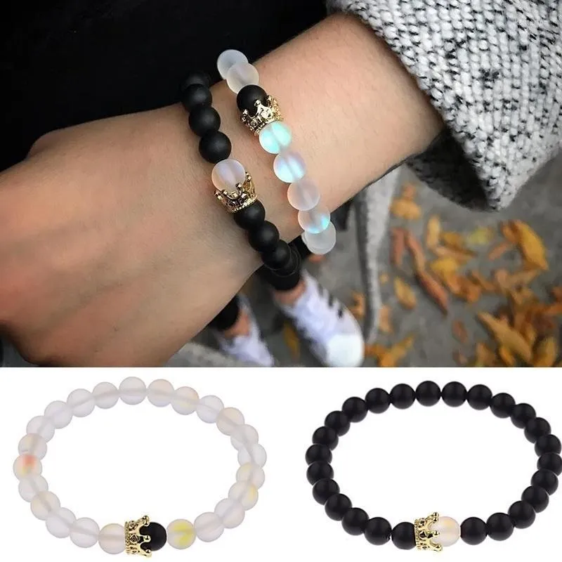 Beaded Strands Couple Distance Bracelet Luxury Crown Set Black Frosted Glitter Stone Charm Men's Birthday Gift Kent22