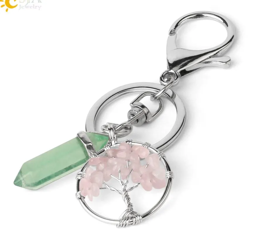 natural stone tree of life key rings green fluorite hexagonal prism keychains healing rose crystal car decor keyholder lulubaby