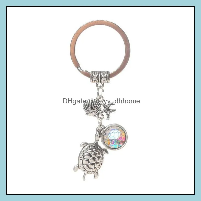 Fashion Drusy Druzy keychain Mermaid Key Rings Tortoise Starfish Fish Scale Charms Keychain Jewelry For women