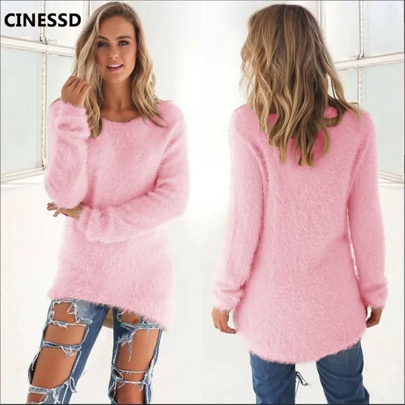 Cinessd Solid Pullover Sweters Women O Neck Długie rękawy dzianinowe topy jesienne zimowe wełniane wełniane luźne swetry tunika 201233