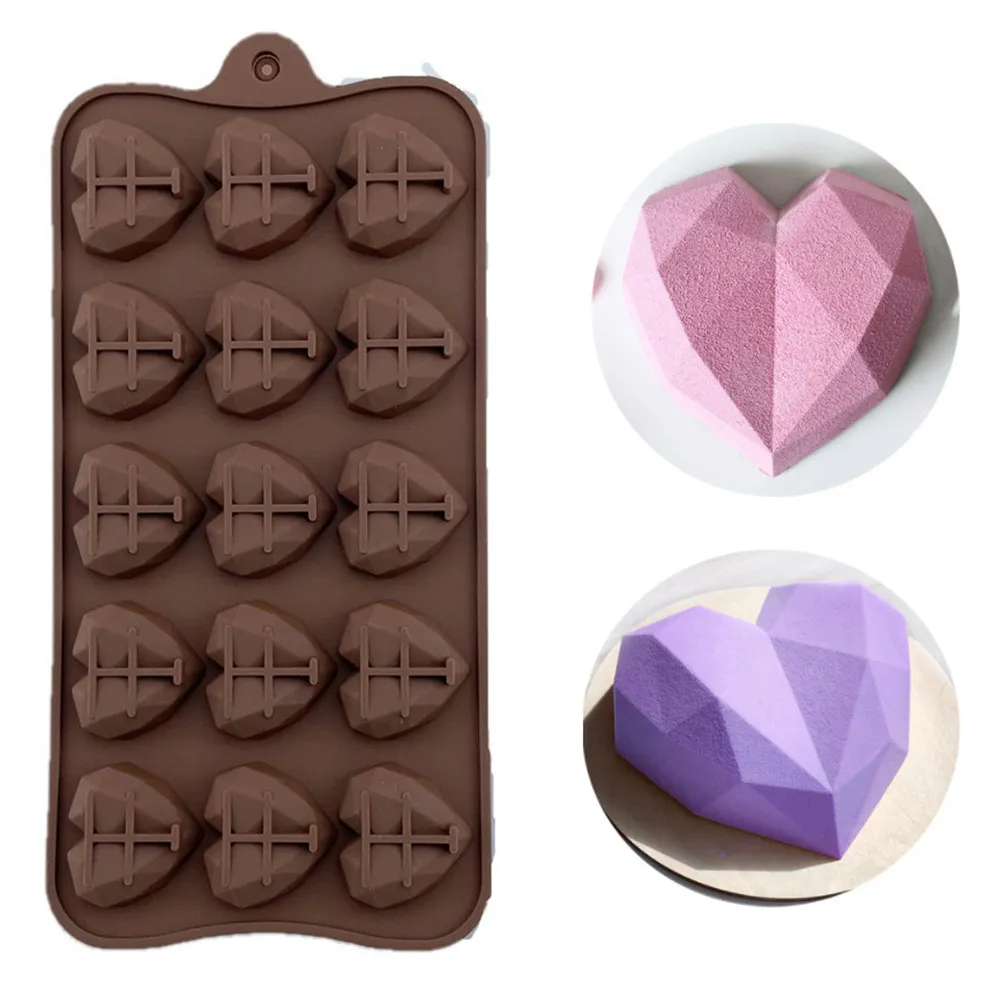 Serce Czekoladowe Formy 15 Wnęka Diament Miłość Kształt Silikonowe Ślubne Cukierki Pieczenia Formy Cupcake Dekoracje Cake Mold 3D