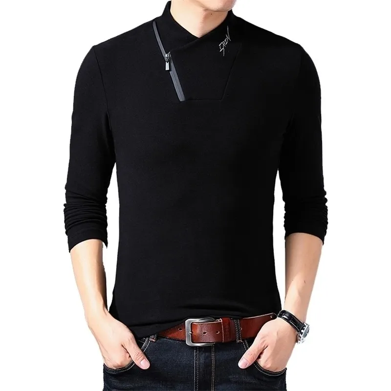 Browon Brand Style Cotton Mens Tshirt Långärmad t -skjorta Män Solid Color Zipper Print Collar Overized T Shirt 201116