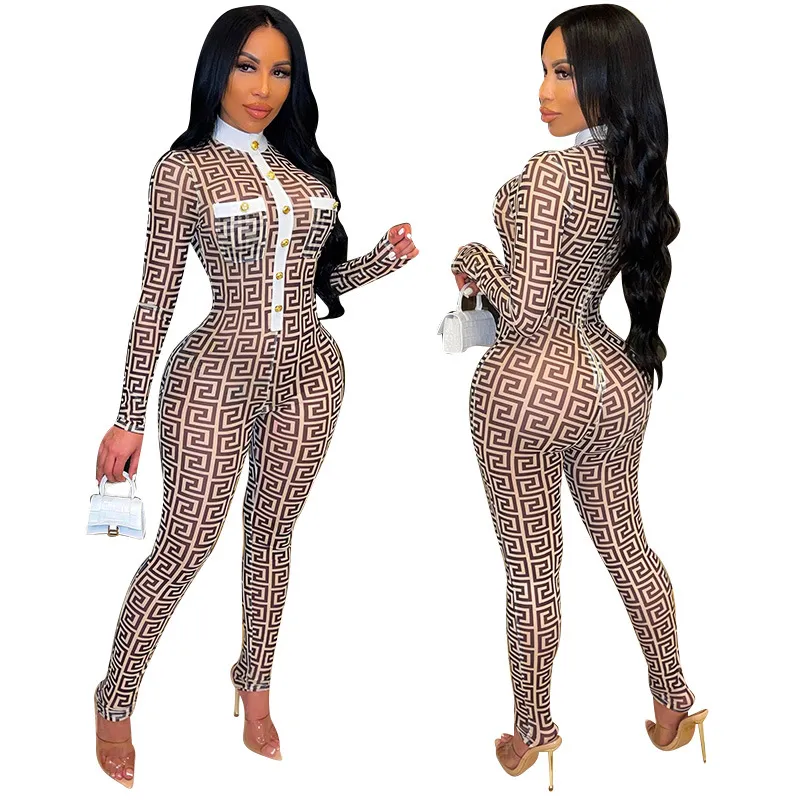 Womens Tracksuits Sexy Bodycon Jumpsuit Romper Long Sleeve Bodysuit Women Zipper Turtleneck Jumpsuits Elegant Full Length Polyester Yoga Clo