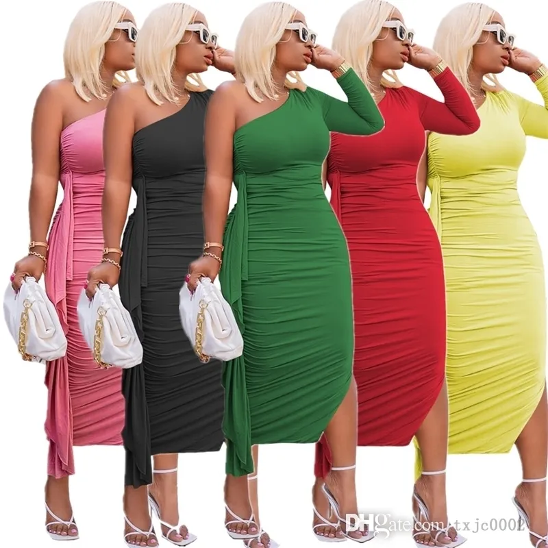 Basic Casual Jurken Damesjurken Plus Size Designer Herfst Sexy Een Schouder Lange Mouw Kanten Jurk Mode Slanke Bodycon Rok Clubwear 4fh1 4fh1