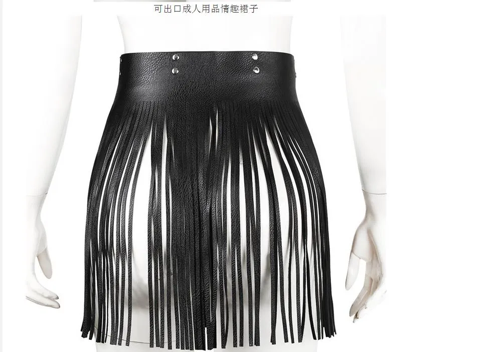 Moda Kobiety Sexy Tassel Skórzane Spódnice Punk Gothic Paistband Long Fringe Black High Waist Belt Club Party Skirt1