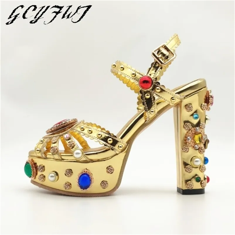 Gold Genuine Leather Luxury Crystal Women Sandals Open Toe High Heel Sexy Female Shoes Strap Dress Office Wedding Platform Shoes 220516