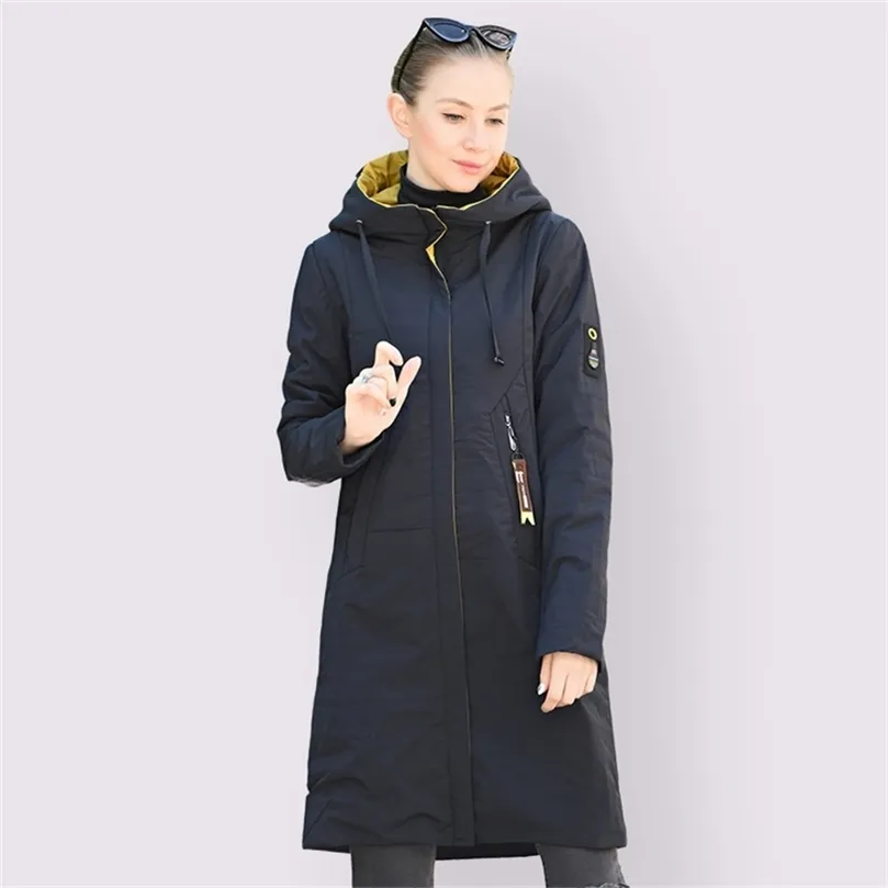 Spring Autumn Women Coat Warm Thin Cotton Jacket Long Plus Size 6XL 58/60 Fashion High Quality Outwear Hooded Parka 201214