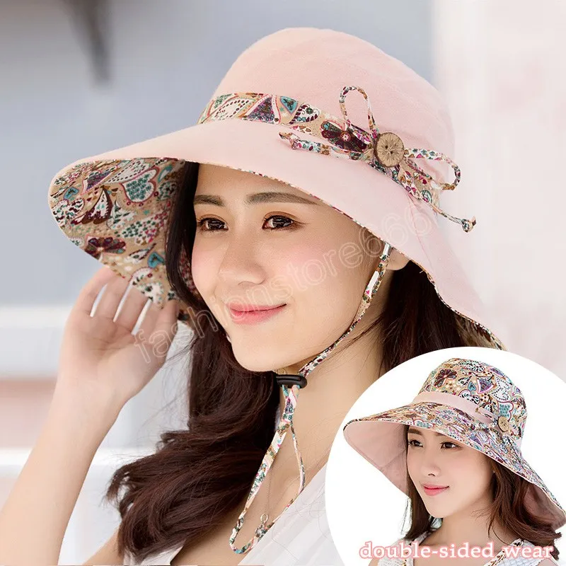 Été double face Big Brim Femmes Soleil Sun Couleur Couleur Fleur imprimée en plein air Chapeau de seau Panama Caps Mesdames