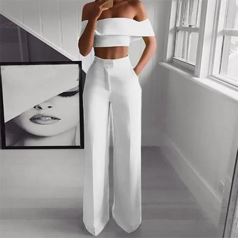 Sexy off the schouder Twee -delige set tracksuit vrouwen crop tops lange broek suit veer solide korte mouw wijd been pakken 210331