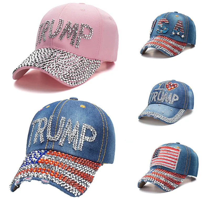 Trump 2024 Baseball Cap Party Chat Campagne électorale Coup de cowboy Caps ajusté Snapback Femmes Denim Diamond Chapeaux 6 Couleurs