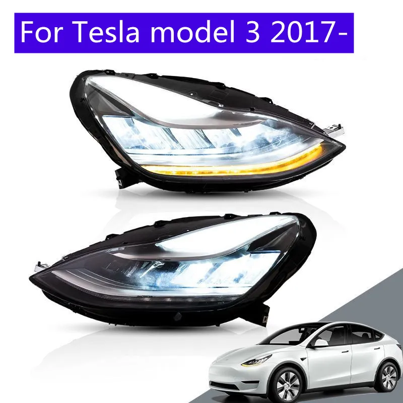 Car High Beam Head Lampa för Tesla Modell 3 17+ strålkastare Montering Blue DRL Turn Signal LED Lens DayTime Lights